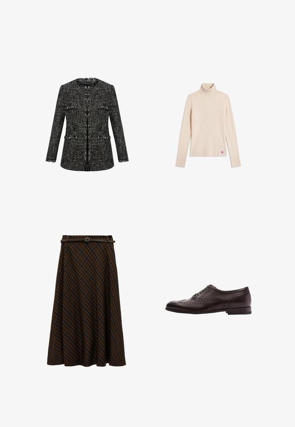 Sorte og hvide tweedjakke med en struktureret finish, rå kanter, rund halsudskæring og to forlommer. Skræddersyet pasform, lange ærmer.; Beige ribstrikket langærmet turtleneck sweater med et lille logopatch nær den nederste kant på en hvid baggrund.; Brun og marineblå ternet midi-nederdel med A-form og tyndt mørkebrunt bælte med sølvspænde i taljen.; Brune læder dress sko med brogue-detaljer, snørebånds lukning, rund tå og en lav stablet hæl. Poleret finish og indviklede perforeringer.