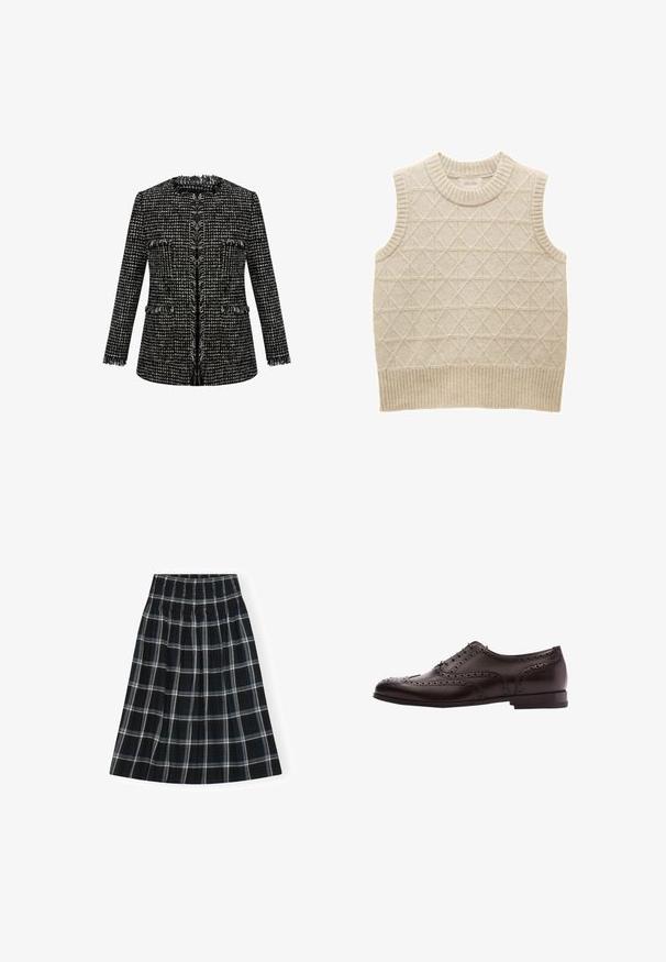 Schwarz-weißes Tweed-Jacket mit strukturiertem Finish, ausgefransten Kanten, runder Halslinie und zwei vorderen Taschen. Taillierter Schnitt, lange Ärmel.; Beiger, gestrickter ärmelloser Pullover mit Rautenmuster, geripptem Kragen und Saum, aus weichem Material für Komfort. Markenetikett innen sichtbar.; Schwarz-weißer Karorock mit elastischem Bund, knielang, mit ausgestelltem Design und weicher Stofftextur.; Braune Leder-Hausschuhe mit Broguedetails, Schnürverschluss, runder Zehenform und niedrigem Blockabsatz. Polierte Oberfläche und filigrane Perforationen.