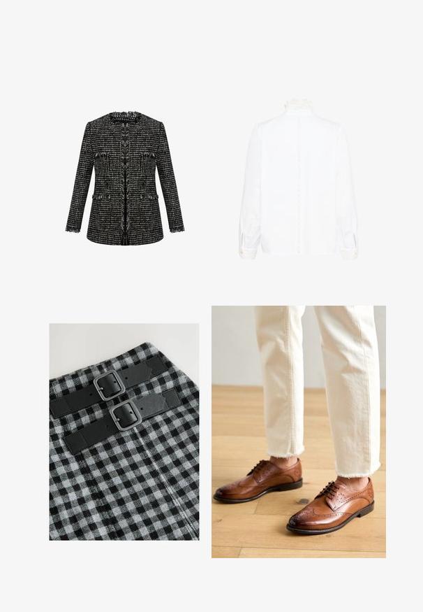 Schwarz-weißes Tweed-Jacket mit strukturiertem Finish, ausgefransten Kanten, runder Halslinie und zwei vorderen Taschen. Taillierter Schnitt, lange Ärmel.; Weiße Bluse mit langen Ärmeln, Spitzenhochkragen und Spitzenmanschetten, mit einer vertikalen Spitzenborte entlang der Rückseite in der Mitte.; Schwarz-grau karierter Stoff mit zwei breiten schwarzen Lederriemen und quadratischen Metallschnallen auf einer strukturierten Fläche.; Braune Leder-Brogueschuhe mit perforierten Details, runder Spitze und glatter Oberfläche, kombiniert mit cremefarbenen Hosen mit fransigem Saum.
