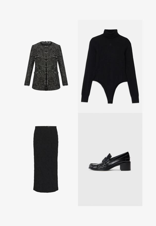 Sorte og hvide tweedjakke med en struktureret finish, rå kanter, rund halsudskæring og to forlommer. Skræddersyet pasform, lange ærmer.; Sort turtleneck bodysuit lavet af blødt stof, med lange ærmer, en tætsiddende pasform og en bunde i thong-stil for en strømlinet silhuet.; Sort midi blyantskørt med diskret blomstret teksturmønster og lynlåslukning bagpå.; Sorte læder loafers med en bølget front, rund tå og en blokhælc. Har et dekorativt bånd og syninger langs kanterne.