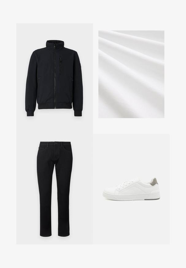 Musthave musta bomber-jakk, millel on kõrge krae, ees lukuga, soonikkoes mansetid ja kaks küljetaskut. Sile kangas tekstuurse vöökoha küljes.; Puuvillane kangas, valge värv, sile tekstuur koos kergete kortsude ja voltidega. Ühtlane pind, veidi peegeldav, ilma mustrite või aktsentideta.; TOM TAILOR TTJOSH REGULAR SLIM FIT - Kitsenevad teksad - black denim; Valge tenniseking sileda nahaga, ümar varvas, minimalistlik disain, hall kand, ja tekstureeritud kummist tald.