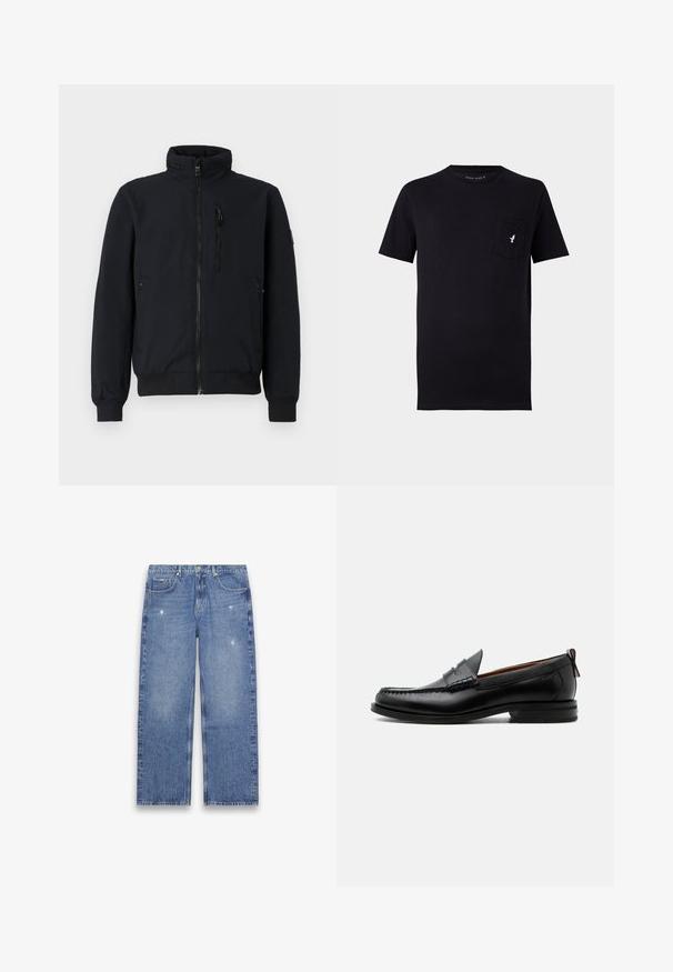 Schwarze Bomberjacke mit hohem Kragen, frontalem Reißverschluss, gerippten Bündchen und zwei Seitentaschen. Glattes Material mit elastischem Bund.; Schwarzes Baumwoll-T-Shirt mit kurzen Ärmeln, rundem Halsausschnitt und einer Brusttasche mit einem kleinen weißen Vogel-Logo. Weicher Stoff und einfaches Design.; Blaue Jeans mit geradem Bein und leichter Used-Optik, Fünf-Taschen-Design, Knopf- und Reißverschluss, flach auf weißem Hintergrund dargestellt.; Schwarzer Leder-Herrenschuh mit Mokassinnaht, Penny-Riemen, strukturiertem Kragen und niedrigem gestapeltem Absatz auf weißem Hintergrund.