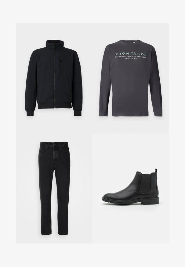Zwarte bomberjack met een hoge kraag, ritssluiting aan de voorkant, ribgebreide manchetten en twee zijzakken. Gladde stof met een gestructureerde tailleband.; TOM TAILOR PRINTED - Longsleeve - tarmac grey; Zwarte denim jeans met een recht ontwerp, voorzien van een knoop- en ritsluiting, voorzakken en een subtiele textuur.; Zwarte leren Chelsea-boot met elastische zijpanelen en een trekhaak, met een ronde neus en een gestructureerde rubberen zool.