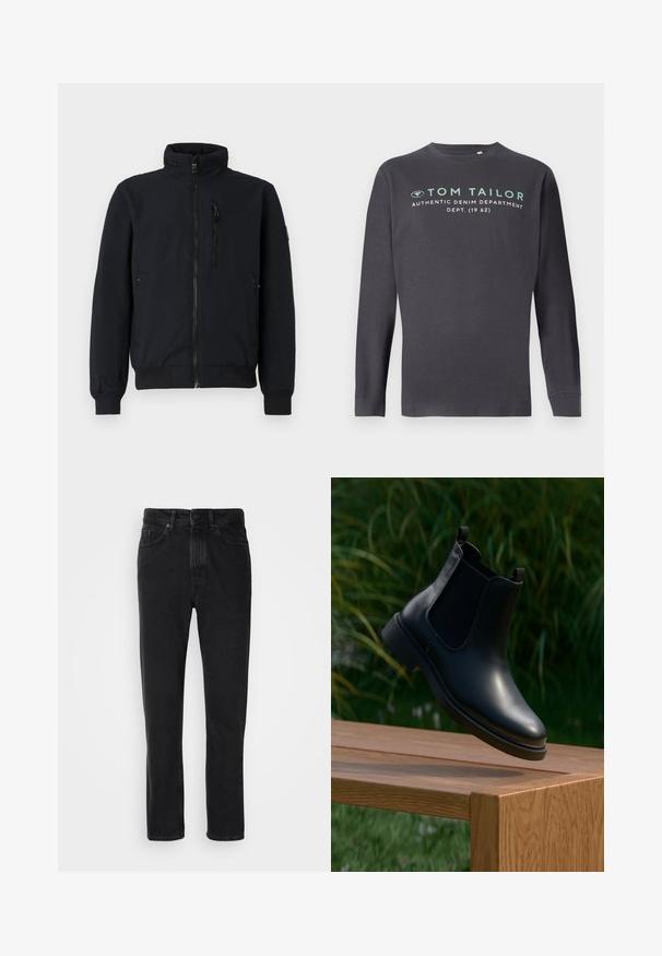 Sort bomberjakke med høj krave, forlynlås foran, ribbede manchetter og to sidelommer. Glat stof med en struktureret talje.; TOM TAILOR PRINTED - Langærmet T-shirt - tarmac grey; Sorte denim jeans med lige ben-design, med knap- og lynlåslukning, forlommer og subtile teksturer.; Sort læder ankelstøvle med elastiske sidepaneler, der svæver over en træbænk, med grønne planter i baggrunden.
