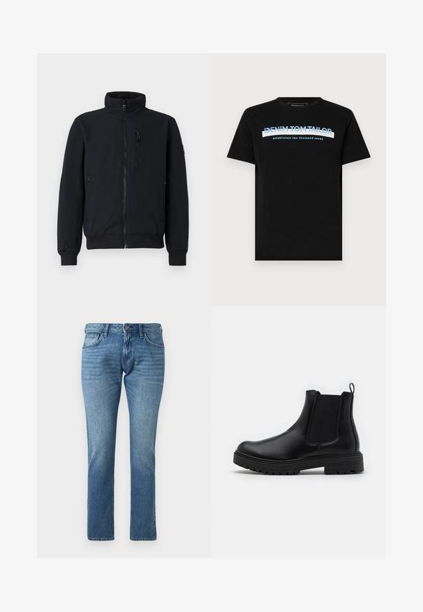Sort bomberjakke med høj krave, forlynlås foran, ribbede manchetter og to sidelommer. Glat stof med en struktureret talje.; Sort bomulds T-shirt med rund halsudskæring, med blå og hvid tekst: "DENIM TOM TAILOR grundlagt to tusinde syv."; TOM TAILOR DENIM TTPIERS SLIM FIT - Jeans Slim Fit - used mid stone blue denim; Zign by Zalando LEATHER - Støvletter - black