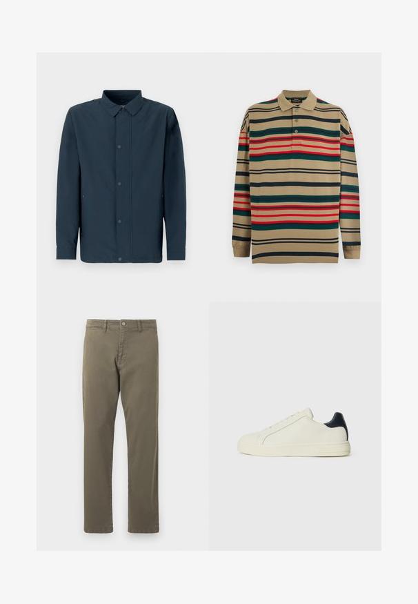 Chemise à manches longues bleu foncé en tissu texturé, avec fermeture boutonnée sur le devant, col classique et poches latérales, sur un fond uni.; Polo manches longues beige avec des rayures horizontales vertes, rouges et noires, et trois boutons au col.; Pantalon en coton vert olive avec une coupe droite, poches avant, passants de ceinture et fermeture à bouton en métal à la taille.; Sneaker en cuir blanc avec une accent en cuir marine au talon, bout rond, semelle en caoutchouc plate et laçage à l'avant avec six œillets.