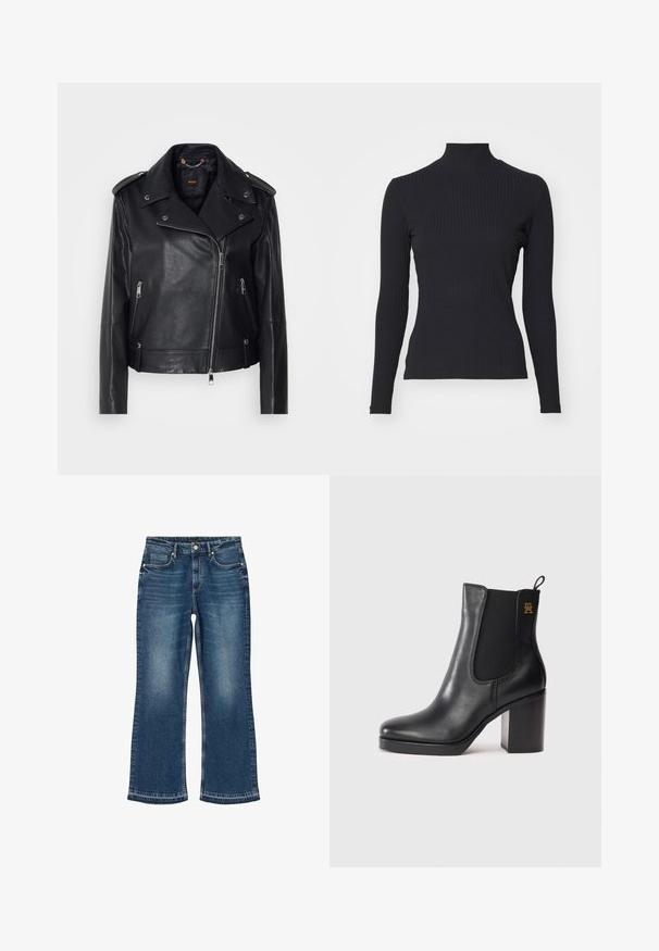 Sort læder bikerjakke med tekstureret finish, asymmetrisk lynlås, klapkrave og sølv hardware-detaljer. Har to sidelommer.; Sort ribbet turtle-sweater med lange ærmer. Lavet af strækbart stof med en tætsiddende pasform og høj krave. Enkel design uden udsmykninger.; Blå denimjeans med lige ben, frontknap, lynlås og design med fem lommer, der viser lettonede detaljer.; Sorte læder ankelstøvle med blokhæl, elastisk sidesk panel, trække-løkke og lille guldlogo på den øverste side.