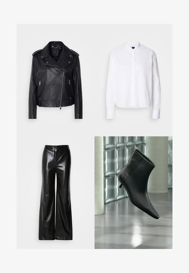 Chaqueta de cuero negra de moto con un acabado texturizado, cremallera asimétrica, cuello con solapa y detalles en metal plateado. Presenta dos bolsillos laterales.; Camisa blanca de cuello con pliegue frontal, de mangas largas y puños con botón. Fabricada en un suave tejido de algodón con un corte estructurado.; Pantalones de piel negros de pierna ancha con textura suave, cintura alta y cierre frontal oculto. Ajuste entallado con un acabado limpio.; Botín negro de cuero con punta puntiaguda y tacón bajo estilo kitten, mostrado en ángulo sobre un suelo pulido y con una pared de bloques de vidrio de fondo.