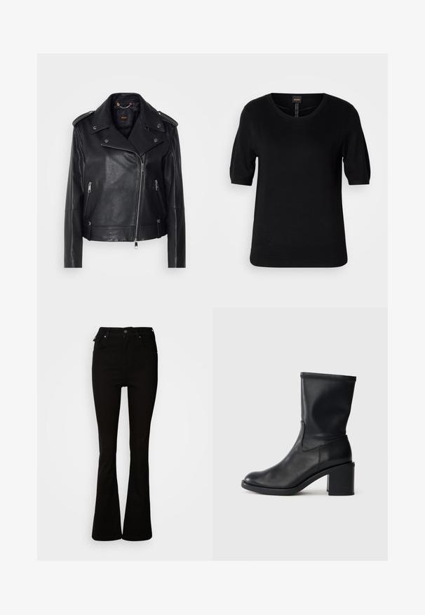 Chaqueta de cuero negra de moto con un acabado texturizado, cremallera asimétrica, cuello con solapa y detalles en metal plateado. Presenta dos bolsillos laterales.; Top de punto negro de manga corta con cuello redondo, dobladillo acanalado y textura sutil, con una etiqueta de logo en el centro en la parte posterior.; Jeans acampanados negros de denim, con una cintura alta, bolsillos frontales y un diseño clásico de cinco bolsillos con acentos de metal.; Botín negro de cuero hasta el tobillo con punta redonda, textura suave y tacón grueso, que presenta un eje ajustado y un sutil detalle de costura.