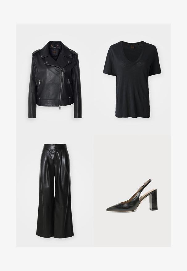 Veste de biker en cuir noir au fini texturé, zip asymétrique, col à revers et garnitures en métal argenté. Dispose de deux poches latérales.; T-shirt noir à manches courtes avec col en V, fabriqué en tissu doux, présentant une coupe décontractée et des détails texturaux discrets à l'avant.; Pantalons large en faux cuir noir, taille haute, avec un devant plissé et une texture lisse. Caractéristiques d'un design épuré et minimaliste.; Chaussure slingback en cuir noir à bout pointu avec un talon bloc haut et une doublure intérieure beige sur un fond clair uni.
