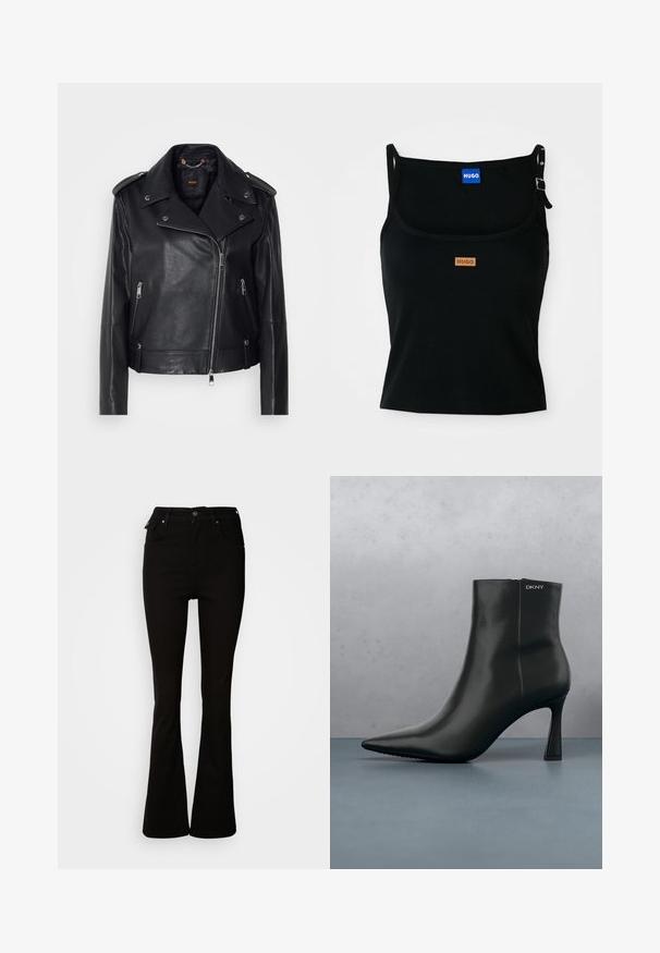 Sort læder bikerjakke med tekstureret finish, asymmetrisk lynlås, klapkrave og sølv hardware-detaljer. Har to sidelommer.; Sort ribbet tanktop med tynde stropper, prydet med et brunt læderlogo-patch på forsiden og en metalclipsdetalje på en af stropperne.; Sorte flare jeans lavet af denim, med høj talje, forlommer og et klassisk fem-lomme design med metalhardware detaljer.; Sort læder ankelstøvle med spids tå og geometrisk hæl. Har subtil branding og en glat overflade. Baggrunden består af strukturerede fliser.
