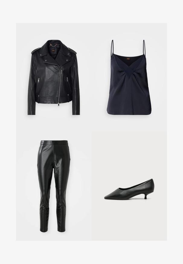 Chaqueta de cuero negra de moto con un acabado texturizado, cremallera asimétrica, cuello con solapa y detalles en metal plateado. Presenta dos bolsillos laterales.; Camisole de seda en color navy con tirantes finos, escote en V y detalles fruncidos en el busto; textura suave y corte relajado.; Pantalones de cuero negro con un ajuste slim, con una textura suave y una cintura alta. Los detalles incluyen acentos en las rodillas para un diseño añadido.; Zapato de mujer negro de cuero con tacón bajo, puntera puntiaguda y pequeño tacón kitten sobre fondo claro liso.