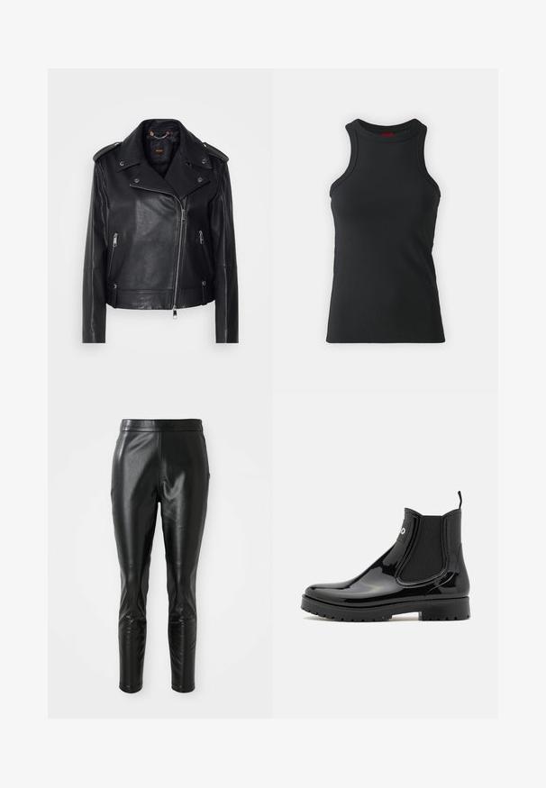 Chaqueta de cuero negra de moto con un acabado texturizado, cremallera asimétrica, cuello con solapa y detalles en metal plateado. Presenta dos bolsillos laterales.; Camiseta sin mangas negra hecha de una tela elástica. Presenta un cuello redondo y una silueta ajustada con detalles de costura mínimos.; Pantalones de cuero negro con un ajuste slim, con una textura suave y una cintura alta. Los detalles incluyen acentos en las rodillas para un diseño añadido.; HUGO TABITA - Botas de agua - black