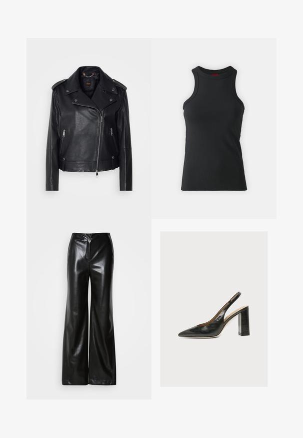 Chaqueta de cuero negra de moto con un acabado texturizado, cremallera asimétrica, cuello con solapa y detalles en metal plateado. Presenta dos bolsillos laterales.; Camiseta sin mangas negra hecha de una tela elástica. Presenta un cuello redondo y una silueta ajustada con detalles de costura mínimos.; Pantalones de piel negros de pierna ancha con textura suave, cintura alta y cierre frontal oculto. Ajuste entallado con un acabado limpio.; Zapato de mujer slingback de piel negra con puntera puntiaguda y tacón alto grueso de bloque sobre fondo blanco.
