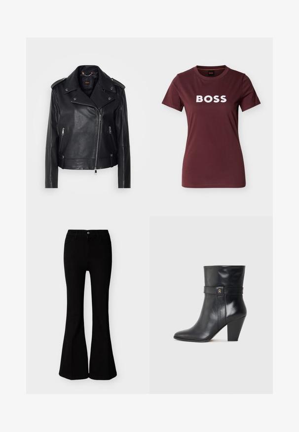 Chaqueta de cuero negra de moto con un acabado texturizado, cremallera asimétrica, cuello con solapa y detalles en metal plateado. Presenta dos bolsillos laterales.; Camiseta de manga corta color granate con cuello redondo y logo blanco de BOSS centrado en el pecho, presentada sobre un fondo claro y liso.; Vaqueros acampanados de talle alto negros con cierre de botones y cremallera, bolsillos delanteros y ajuste ceñido en caderas y muslos.; Tommy Hilfiger Botines de tacón - black