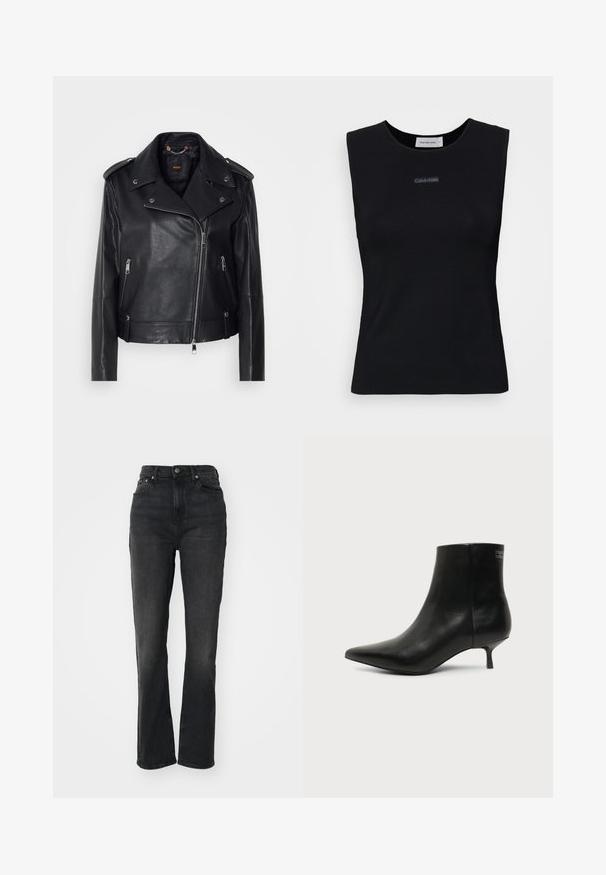 Chaqueta de cuero negra de moto con un acabado texturizado, cremallera asimétrica, cuello con solapa y detalles en metal plateado. Presenta dos bolsillos laterales.; Top negro sin mangas de tejido suave. Presenta un cuello redondo y un pequeño logo de Calvin Klein en el centro. Diseño simple y ajustado.; Jeans de mezclilla negros de tiro alto con piernas rectas, diseño de cinco bolsillos, cierre frontal con botón y detalles de costura mínimos.; Botín de piel negra con puntera puntiaguda y tacón bajo estilo kitten sobre fondo claro, mostrando vista lateral exterior.