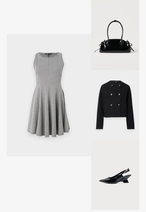 Veste noire raccourcie à double boutonnage avec six boutons et deux poches avant, dotée d'un col rond et de manches longues.; Robe sans manches à carreaux noir et blanc avec un corsage ajusté et une jupe évasée, texture lisse et détails de couture subtils.; Chaussure slingback en cuir verni noir avec bout pointu et petit talon bloc incliné sur fond clair uni.; Petit sac à main noir brillant avec deux longues anses et des détails à cordon sur les côtés sur un fond clair uni.