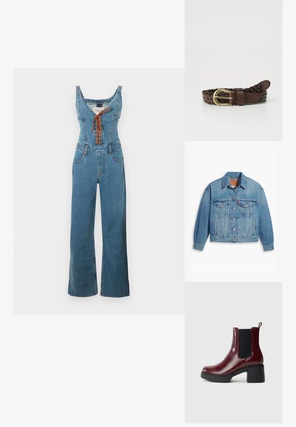 Lys blå denimjakke med klassisk design, knapfront og to brystlommer. Har spidse kraver og let overdimensionerede ærmer.; Denim overall med en tætsiddende overdel og vide bukseben, der har en rund halsudskæring og brun snørelukning foran. Lyseblå farve og struktureret stof.; Bordeaux læder ankelstøvle med elastiske sidepaneler, rund tå og en kraftig sort hæl, med en trækflap bagpå.; ONLY ONLHANNA BRAIDED BELT - Fletbælter - chocolate martini
