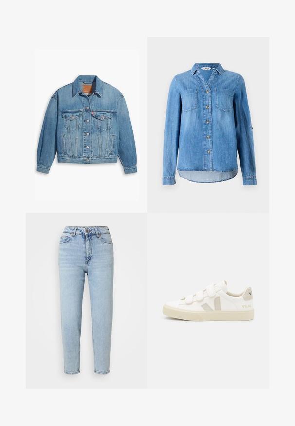 Lys blå denimjakke med klassisk design, knapfront og to brystlommer. Har spidse kraver og let overdimensionerede ærmer.; Lys blå denimskjorte med knaplukning foran, to brystlommer og ærmer som kan rulles op med knapdetaljer.; Lysblå denimjeans med høj talje, lige ben-design, enkelt knaplukning og subtile slidser foran.; Hvide sneakers med velcro-remme, suede detaljer i beige, struktureret gummisål og V-logo i grå. Minimalistisk design, afrundet form.