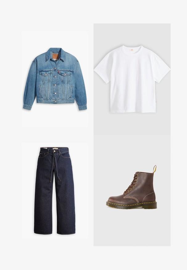 Veste en denim bleu clair au design classique, fermeture à boutons à l'avant et deux poches poitrine. Dotée d'un col pointu et de manches légèrement oversize.; T-shirt en coton blanc à manches courtes, col rond, coupe décontractée, texture lisse, avec une petite étiquette logo sur la couture latérale gauche.; Jeans en denim bleu foncé à jambes larges, avec une taille haute, dotés d'un lien à cordon, de cinq poches et de détails de couture contrastants.; Bottes en cuir marron à lacets avec des coutures jaunes, bout arrondi et semelle en caoutchouc robuste. Présente une languette au talon pour faciliter l'enfilage.