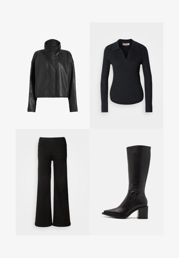 Schwarze Leder-Cropped-Jacke mit hohem Kragen und geraden Ärmeln. Sanfte Textur, verdeckter Frontreißverschluss und minimale Nähdetails.; Schwarzer, gerippter Pullover mit V-Ausschnitt und Kragen-Design. Verfügt über dezente Glitzerakzente und enganliegende lange Ärmel mit gerippten Bündchen.; Schwarze, weit geschnittene Jeanshose aus Denim, mit vorderen Taschen, Knopfverschluss und einer glatten Textur mit sauberem Finish.; Zign by Zalando LEATHER - Stiefel - black