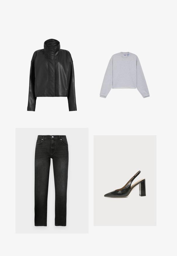 Zwarte leren cropped jas met een hoge kraag en rechte mouwen. Glad textuur, verborgen ritssluiting aan de voorkant en minimale stikseldetails.; Lichtgrijze cropped sweatshirtt met lange mouwen, geribbelde manchetten, onafgewerkte zoom en een klein blauw geborduurd detail bij de kraag.; Zwarte denim jeans met een rechte pijpdesign, voorzien van een knoopsluiting, twee zijzakken en een subtiele textuur.; Zwarte leren damesslingback met spitse neus en dikke hoge blokhak tegen witte achtergrond.