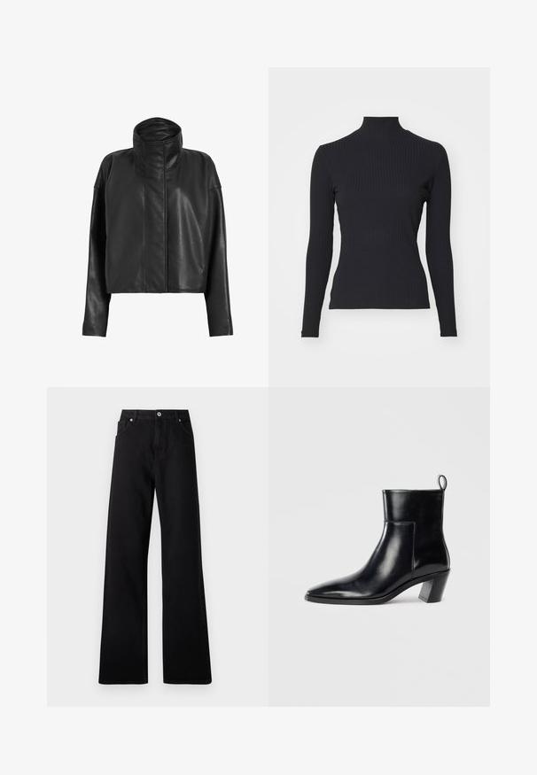 Chaqueta de cuero negro corta con un cuello alto y mangas rectas. Textura suave, cremallera fronta oculta y detalles de costura mínimos.; Top negro de cuello alto con costillas y mangas largas. Fabricado con una tela elástica con forma ajustada y cuello alto. Diseño simple sin adornos.; Jeans de pierna ancha negros fabricados en denim con diseño de cinco bolsillos, cierre frontal con botón y detalles de costura sutiles.; Botín de piel negra hasta el tobillo con punta afilada, tacón apilado geométrico y una lengüeta en la parte posterior. Textura suave y diseño elegante.
