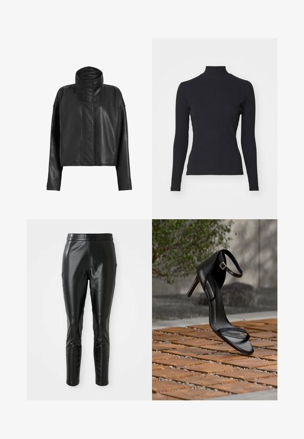 Sorte læder cropped jakke med høj krave og lige ærmer. Glat tekstur, skjult frontlynlås og minimale syninger.; Sort ribbet turtle-sweater med lange ærmer. Lavet af strækbart stof med en tætsiddende pasform og høj krave. Enkel design uden udsmykninger.; Sorte læderbukser med slim fit, der har en glat tekstur og en høj talje. Detaljer inkluderer knæaccentuer for ekstra design.; Sort højhælet sandal med ankelsnor, der ser ud til at svæve over et trægulv udendørs med sløret grønt og sten i baggrunden.