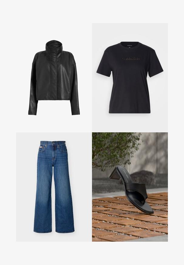Schwarze Leder-Cropped-Jacke mit hohem Kragen und geraden Ärmeln. Sanfte Textur, verdeckter Frontreißverschluss und minimale Nähdetails.; Schwarzes Baumwoll-T-Shirt mit kurzen Ärmeln, ausgestattet mit einem goldenen, gestickten "Calvin Klein"-Logo auf der Brust. Einfaches, unaufgeregtes Design.; Blaue Jeans mit weitem Bein, hoher Taille, vorderer Knopfleiste, Reißverschluss und Fünf-Taschen-Design vor einem schlichten Hintergrund.; Schwarze Calvin Klein Sandale mit Absatz und Zehenschlaufe auf einem Holzkachelfußboden im Freien neben einem Baum und einer Steinmauer.