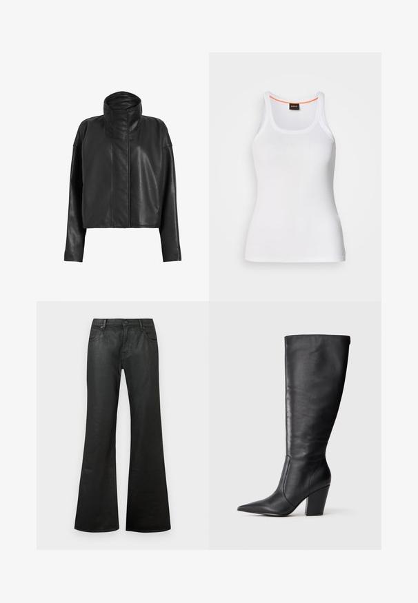 Zwarte leren cropped jas met een hoge kraag en rechte mouwen. Glad textuur, verborgen ritssluiting aan de voorkant en minimale stikseldetails.; Wit geribd tanktop met een ronde hals, voorzien van een smal bandjesontwerp en een oranje accent langs de binnenkant van de halslijn. Merkembleem zichtbaar.; Zwarte flare jeans van denim met een soepele textuur, standaard taille, vijf zakken en een knoopsluiting.; Zwarte leren kniehoge laars met puntige neus en chunky hoge hak, getoond in zijaanzicht aan de linkerkant op een witte achtergrond.