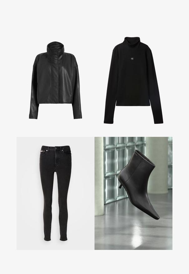 Chaqueta de cuero negro corta con un cuello alto y mangas rectas. Textura suave, cremallera fronta oculta y detalles de costura mínimos.; Top negro de cuello alto acanalado de manga larga con un pequeño parche cuadrado con el logo de Calvin Klein centrado en el pecho.; Pantalones vaqueros negros ajustados de mezclilla con una textura suave, que cuentan con diseño de cinco bolsillos, presillas para cinturón y cierre de botón metálico.; Bota de cuero negro para el tobillo con puntera puntiaguda y tacón pequeño, exhibida frente a una pared de bloques de vidrio y un suelo pulido.