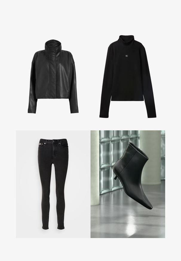 Sorte læder cropped jakke med høj krave og lige ærmer. Glat tekstur, skjult frontlynlås og minimale syninger.; Sort ribstrikket bluse med lange ærmer og lille firkantet Calvin Klein-logo placeret centralt på brystet.; Sorte skinny jeans lavet af denim med en glat tekstur, der har fem-lomme-design, bæltestropper og lukning med metalknap.; Sort læderankelstøvle med spids tå og lav kitten-hæ, vist vinklet mod en poleret gulv- og glasblokvæg.
