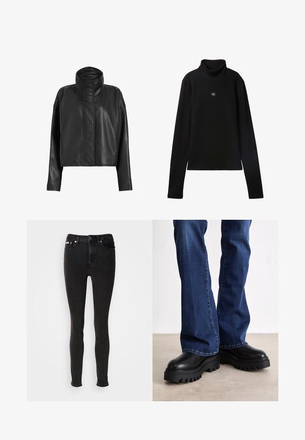 Chaqueta de cuero negro corta con un cuello alto y mangas rectas. Textura suave, cremallera fronta oculta y detalles de costura mínimos.; Top negro de cuello alto acanalado de manga larga con un pequeño parche cuadrado con el logo de Calvin Klein centrado en el pecho.; Pantalones vaqueros negros ajustados de mezclilla con una textura suave, que cuentan con diseño de cinco bolsillos, presillas para cinturón y cierre de botón metálico.; Botas de plataforma negras gruesas con suelas de goma texturizada, punta redondeada y parte superior de cuero suave, combinadas con jeans de campana azules.