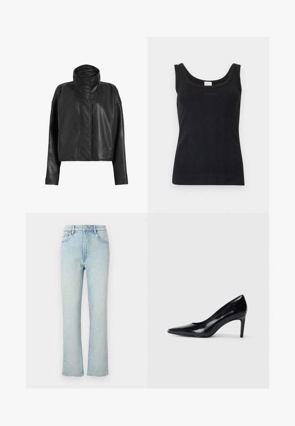 Sorte læder cropped jakke med høj krave og lige ærmer. Glat tekstur, skjult frontlynlås og minimale syninger.; Sort ribbet ærmeløs tanktop med rund halsudskæring og "Calvin Klein"-logo på brystet, vist på en ensfarvet hvid baggrund.; Lyseblå jeans med høj talje og lige ben, med forreste knap, bæltestropper og klassisk femlomme design mod en ensfarvet baggrund.; Sort læder højhælede sko med spids tå, glat tekstur og en taperet hæl. Minimalistisk design uden yderligere udsmykninger.