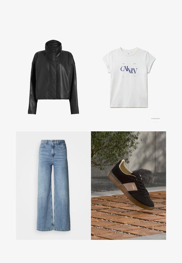 Zwarte leren cropped jas met een hoge kraag en rechte mouwen. Glad textuur, verborgen ritssluiting aan de voorkant en minimale stikseldetails.; Witte T-shirt met korte mouwen en blauwe "CALVIN" tekst, met kleine woorden "Calvin Jeans New York" gedrukt in het midden aan de voorkant.; Lichtblauwe wijde jeans van denim, met een hoge taille, vijfzakkenontwerp en onafgewerkte zomen. Soepele textuur met een verwassen finish.; Zwart-beige BOSS-sneaker met gumzool die boven een houten blokbestrating buitenshuis zweeft, naast een groene struik en een grijze muur.