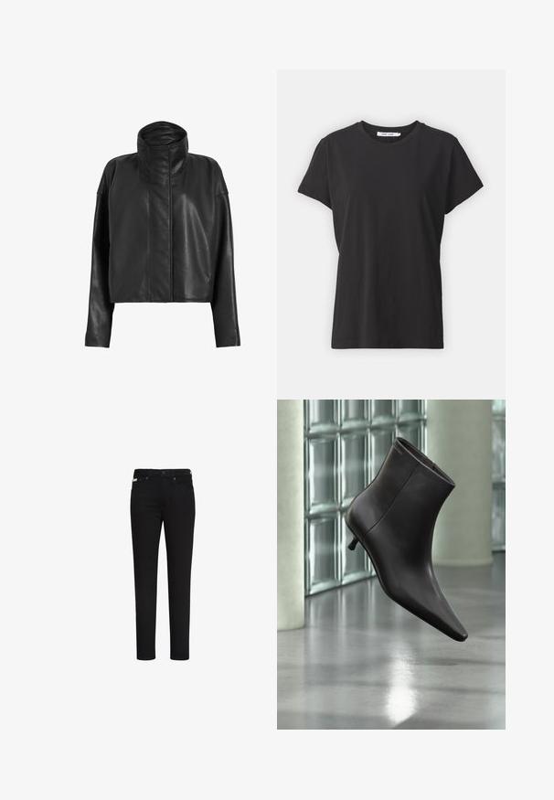 Zwarte leren cropped jas met een hoge kraag en rechte mouwen. Glad textuur, verborgen ritssluiting aan de voorkant en minimale stikseldetails.; Zwarte katoenen t-shirt met een klassieke ronde hals, korte mouwen en een ontspannen pasvorm. Soepele textuur, geen zichtbare patronen of accenten.; Zwarte slim-fit jeans met knoop en rits aan de voorkant, met voor- en achterzakken en een klein label op de rechtervoorzak.; Zwarte leren enkellaars met puntige neus en lage hak, afgebeeld tegen een glazen blokkenmuur en gepolijste vloer op de achtergrond.