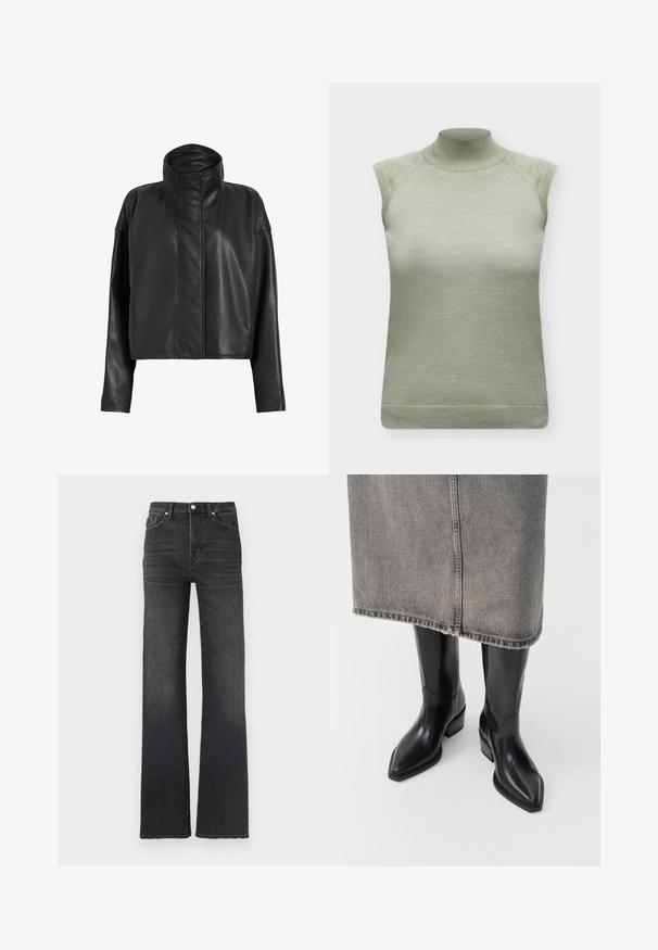 Sorte læder cropped jakke med høj krave og lige ærmer. Glat tekstur, skjult frontlynlås og minimale syninger.; Ærmeløs lys grøn striktop med høj rullekrave og ribkanter på skuldre og kant.; Højtaljede sorte denimjeans med lige bukseben, med klassiske syninger og et design med fem lommer. Glat tekstur med minimal falmning.; Sorte læder cowboy støvler med spids tå og kraftig hæl, der har en glat finish og slankt design, parret med en grå nederdel.