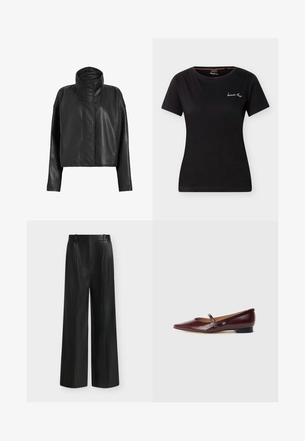 Sorte læder cropped jakke med høj krave og lige ærmer. Glat tekstur, skjult frontlynlås og minimale syninger.; Sort tætsiddende T-shirt med korte ærmer, rund halsudskæring og lille hvid kursivtekst på øverste venstre bryst.; Sorte bukser i faux læder med brede ben, høj talje og sidelukning med bælte, vist mod en lysegrå baggrund.; Burgundyrød patenteret lædersko med spids tå og en dekorativ rem over vristen. Har en lav sort hæl.