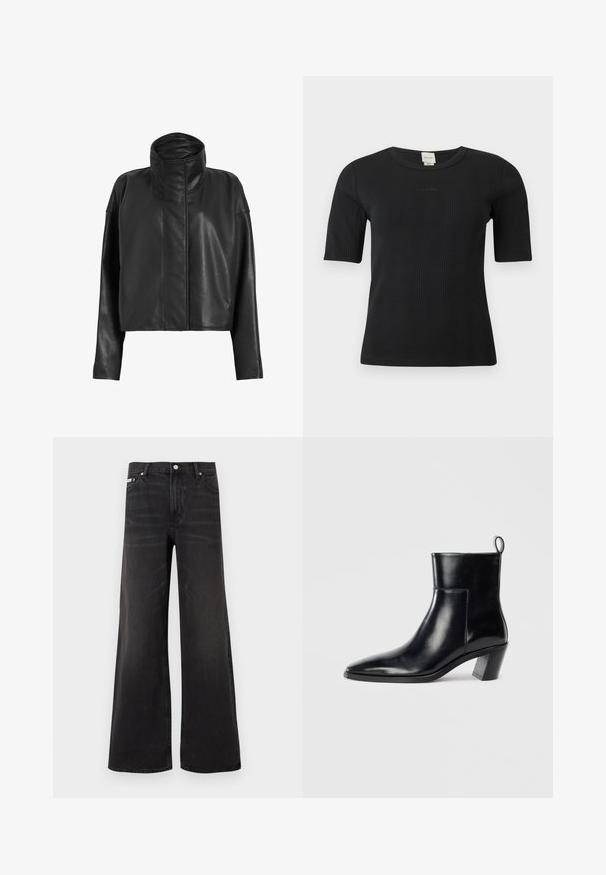 Sorte læder cropped jakke med høj krave og lige ærmer. Glat tekstur, skjult frontlynlås og minimale syninger.; Sort ribbet Calvin Klein top med korte ærmer, rund halsudskæring og diskret logo broderet på brystet mod en ensfarvet baggrund.; Sorte denim-jeans med vidde ben, lukkes foran med knap og lynlås, bæltestropper og fem-lomme-design.; Sort læder ankelstøvle med spids tå, geometrisk stablet hæl og en løftestrop bagpå. Glat tekstur og slankt design.