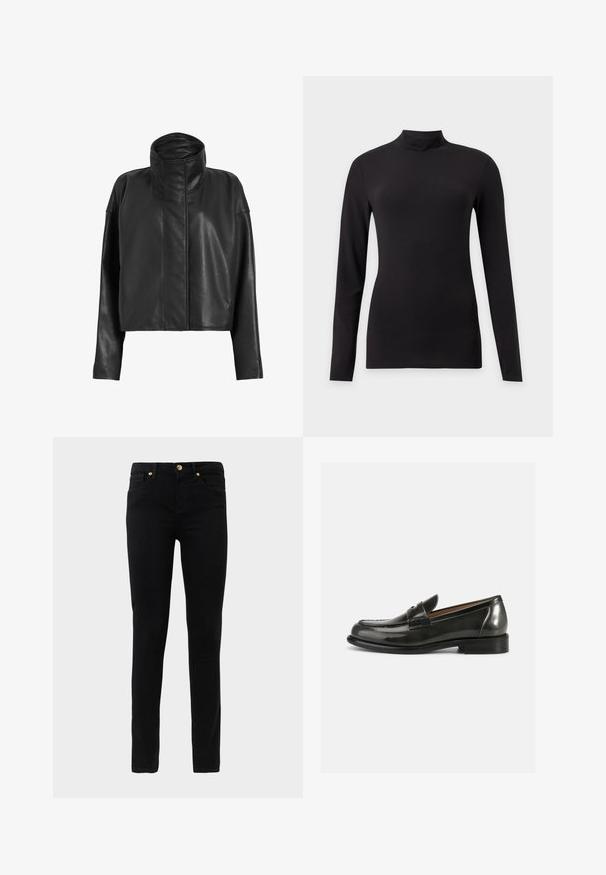 Schwarze Leder-Cropped-Jacke mit hohem Kragen und geraden Ärmeln. Sanfte Textur, verdeckter Frontreißverschluss und minimale Nähdetails.; Schwarzes, enganliegendes Langarmshirt mit Stehkragen, gezeigt vor einfachem hellgrauem Hintergrund.; Schwarze Skinny-Jeans aus einem Baumwollmischgewebe. Verfügt über fünf Taschen, einen Knopf- und Reißverschluss sowie kontrastierende Nähte.; Schwarze Lackleder-Pantoletten mit strukturiertem Design, runder Zehenform und gesteppten Details im Obermaterial, ausgestattet mit einem niedrigen, gestapelten Absatz.