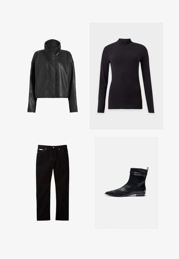 Zwarte leren cropped jas met een hoge kraag en rechte mouwen. Glad textuur, verborgen ritssluiting aan de voorkant en minimale stikseldetails.; Zwarte aansluitende top met lange mouwen en een opstaande kraag, getoond op een effen lichtgrijze achtergrond.; Zwarte denim jeans met een rechte pijp, voorzien van een knoop- en ritssluiting, vijf zakken en een klein logovlaggetje op de tailleband.; Zwarte leren enkellaars met een spitse neus, vlakke hak en een rits aan de zijkant. Bevat een gespsierraad op de manchette voor extra detail. Gladde textuur.