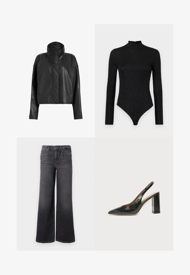 Schwarze Leder-Cropped-Jacke mit hohem Kragen und geraden Ärmeln. Sanfte Textur, verdeckter Frontreißverschluss und minimale Nähdetails.; Schwarzer Langarm-Bodysuit mit hohem Hals und subtiler Textur. Verfügt über einen Reißverschluss hinten und ein Tanga-Design.; Weit geschnittene, dunkelgraue Jeans aus Denim mit einem dezenten Fade. Sie verfügen über einen Knopfverschluss, fünf Taschen und einen geraden Saum am Knöchel.; Schwarzer Leder-Slingback-Schuh mit spitzer Kappe, hohem Blockabsatz und beigegefüttertem Innenraum vor hellem, einfarbigem Hintergrund.