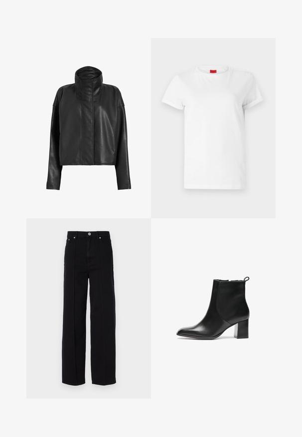 Sorte læder cropped jakke med høj krave og lige ærmer. Glat tekstur, skjult frontlynlås og minimale syninger.; Hvid kortærmet t-shirt lavet af letvægts bomuld. Har en rund halsudskæring og rullede ærmer. Rød logoetiket på kraven.; Sorte denim bredde ben bukser med høj talje, der har fem lommer, metal knaplukning og lige søm detaljer langs siderne.; Sorte læder ankelstøvler med en rund tå, en mellemhøj blokhæl og en løkke bagpå. Glat tekstur, minimalistisk design.
