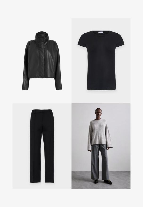 Schwarze Leder-Cropped-Jacke mit hohem Kragen und geraden Ärmeln. Sanfte Textur, verdeckter Frontreißverschluss und minimale Nähdetails.; Schwarzes geripptes T-Shirt mit rundem Halsausschnitt und kurzen Ärmeln. Weicher Stoff mit figurbetonter Passform, ausgestattet mit einem Etikett am Hals.; Schwarze, maßgeschneiderte Hosen mit geradem Bein, ausgestattet mit vorderen Falten und einem flachen Bund. Hergestellt aus einem glatten, strukturierten Stoff.; Grauer Strickpullover mit weiten Ärmeln und geripptem Saum, kombiniert mit hochtaillierten grauen Hosen mit dezentem Karomuster und schwarzen Loafers.