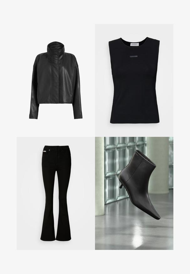 Chaqueta de cuero negro corta con un cuello alto y mangas rectas. Textura suave, cremallera fronta oculta y detalles de costura mínimos.; Top negro sin mangas de tejido suave. Presenta un cuello redondo y un pequeño logo de Calvin Klein en el centro. Diseño simple y ajustado.; Jeans negros acampanados con una cintura ajustada, hechos de denim suave. Presenta dos bolsillos frontales y un cierre clásico de botón y cremallera.; Bota de cuero negro para el tobillo con puntera puntiaguda y tacón pequeño, exhibida frente a una pared de bloques de vidrio y un suelo pulido.