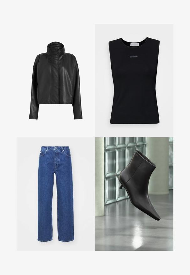 Sorte læder cropped jakke med høj krave og lige ærmer. Glat tekstur, skjult frontlynlås og minimale syninger.; Sort ærmeløs top lavet af glat stof. Har en rund halsudskæring og et lille Calvin Klein-logo i midten. Simpelt og tætsiddende design.; Blå denim bred-benede jeans med høj talje, med lynlås og knaplukning, bæltestropper og subtilt falmet detaljer på stoffet.; Sort læderankelstøvle med spids tå og lille hæl vist mod en væg af glasblokke og poleret gulv baggrund.