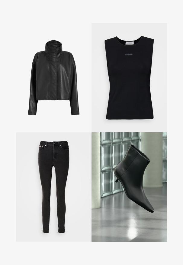 Schwarze Leder-Cropped-Jacke mit hohem Kragen und geraden Ärmeln. Sanfte Textur, verdeckter Frontreißverschluss und minimale Nähdetails.; Schwarzes ärmelloses Top aus glattem Stoff. Merkmale einen runden Ausschnitt und ein kleines Calvin Klein Logo in der Mitte. Einfaches und figurnahes Design.; Schwarze Skinny-Jeans aus Denim mit glatter Textur, ausgestattet mit Fünf-Taschen-Design, Gürtelschlaufen und Metallknopfverschluss.; Schwarzer Leder-Stiefelette mit spitzer Zehenpartie und niedrigem Kitten-Heel, schräg dargestellt vor einem polierten Boden und einer Glasbausteinwand.