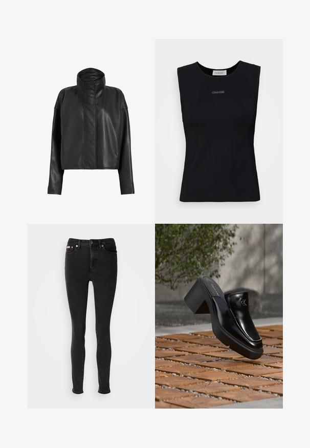 Schwarze Leder-Cropped-Jacke mit hohem Kragen und geraden Ärmeln. Sanfte Textur, verdeckter Frontreißverschluss und minimale Nähdetails.; Schwarzes ärmelloses Top aus glattem Stoff. Merkmale einen runden Ausschnitt und ein kleines Calvin Klein Logo in der Mitte. Einfaches und figurnahes Design.; Schwarze Skinny-Jeans aus Denim mit glatter Textur, ausgestattet mit Fünf-Taschen-Design, Gürtelschlaufen und Metallknopfverschluss.; Schwarze Leder-Slip-on-Mule von Calvin Klein mit Blockabsatz, die auf Holzfliesen im Freien nahe einer grünen Pflanze und einer grauen Wand ruht.