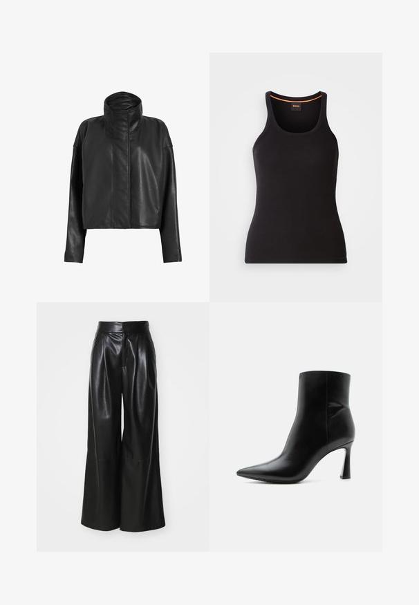 Chaqueta de cuero negro corta con un cuello alto y mangas rectas. Textura suave, cremallera fronta oculta y detalles de costura mínimos.; Camiseta de tirantes negra con textura acanalada y cuello redondo. Presenta un ajuste ceñido y un detalle en naranja en el cuello. Logotipo de la marca bordado sutilmente en el frente.; Pantalones de cuero sintético negros de pierna ancha con una cintura alta, frente plisado y textura suave. Presenta un diseño limpio y minimalista.; Botín de cuero negro con punta puntiaguda y tacón stiletto alto y delgado, mostrado de perfil sobre un fondo blanco.