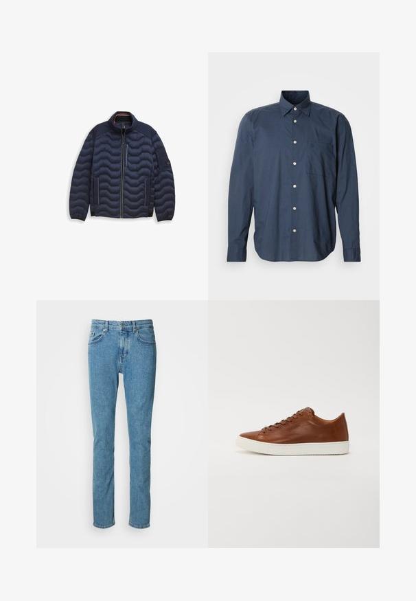 Veste matelassée bleu marine avec un col haut, texture matelassée horizontale, fermeture éclair à l'avant, bordures blanches contrastantes et poches latérales.; Chemise bleu marine à manches longues, à motif à petits carreaux, avec une poche poitrine unique et des boutons blancs sur fond uni.; Jean en denim bleu clair à coupe droite, ceinture robuste et style à cinq poches. Texture douce avec légère décoloration sur les cuisses.; Baskets en cuir brun avec un bout arrondi, semelle en caoutchouc blanc et lignes épurées. Présente une fermeture lacée et un logo discret sur le côté.